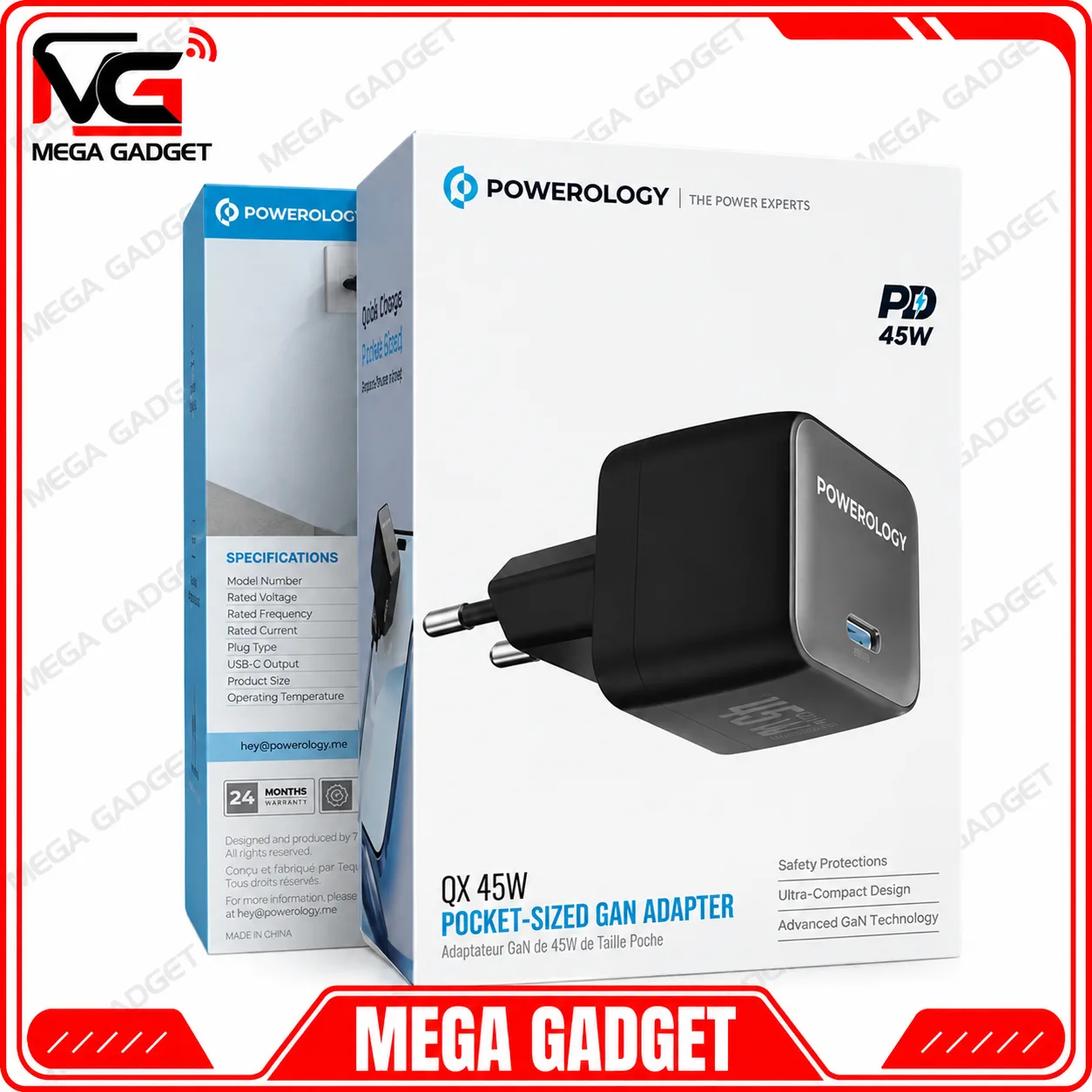 شارژر دیواری پاورولوژی مدل PWCUQC056 ظرفیت ۴۵ وات با کابل تایپ سی