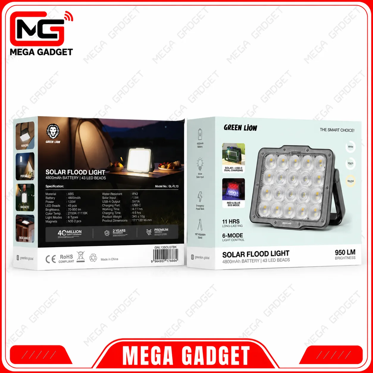 پروژکتور LED شارژی خورشیدی گرین لاین Green Lion Solar Flood Light 4800mAh GL-FL13
