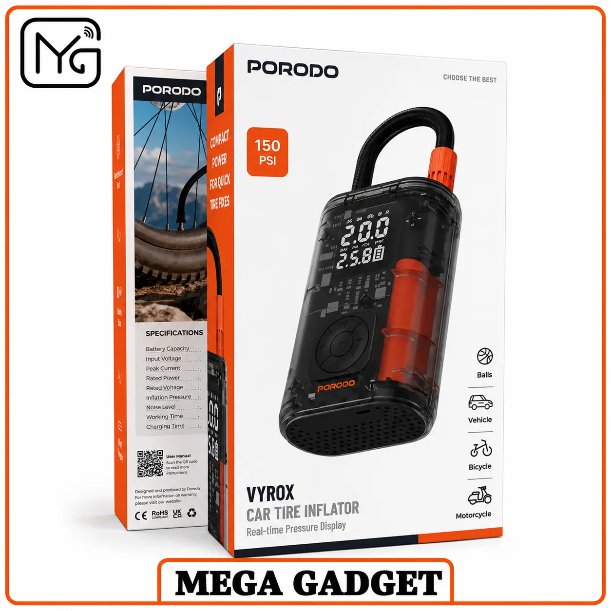 کمپرسور باد پرودو مدل Porodo Vyrox Car Tire Inflator PDGA05BK