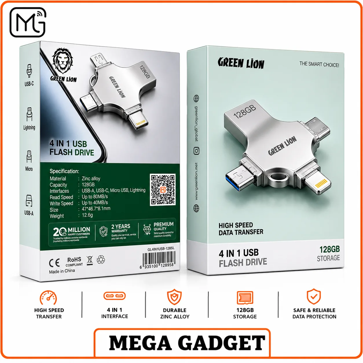 فلش مموری چهار کاره گرین لاین GN4IN1USB128SL ظرفیت 128 گیگابایت USB 3