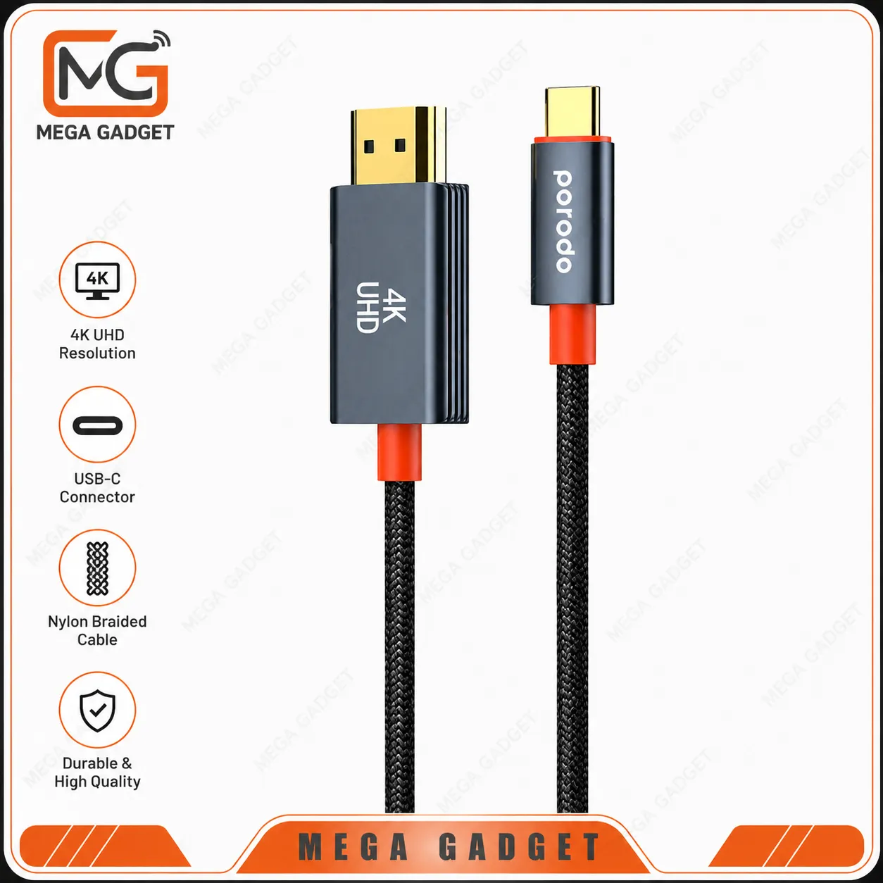 کابل تبدیل USB-C به HDMI پرودو Porodo Woven Cable Type-C to HDMI PD-CBL0016